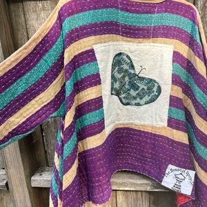 Purple and Teal Striped Women's Kantha Kimono Jacket Reversible